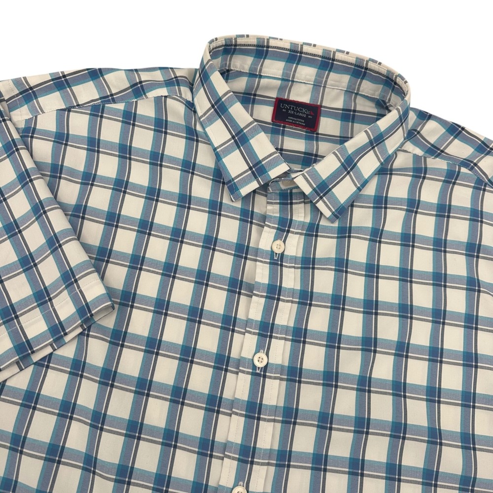 UNTUCKit Mens XXL Blue White Plaid Short Sleeve Button Down Shirt Polyester 467